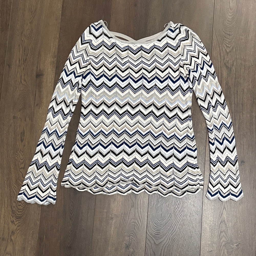 White House Black Market Zigzag Long Sleeve Top - Black, White, Cream